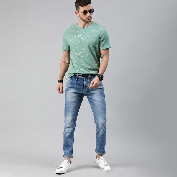 Men Teal Blue Solid Round Neck Pure Cotton T-shirt