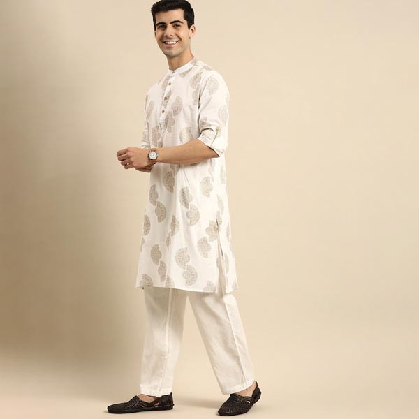 Men Off White Ethnic Motifs Printed Pure Cotton Kurta with Pyjamas