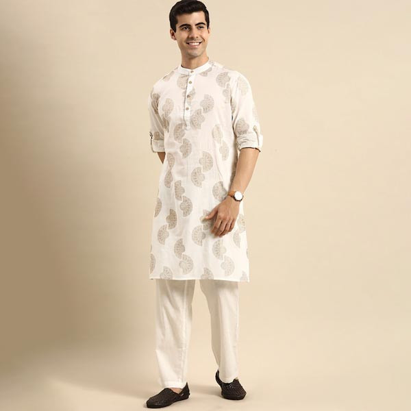 Men Off White Ethnic Motifs Printed Pure Cotton Kurta with Pyjamas