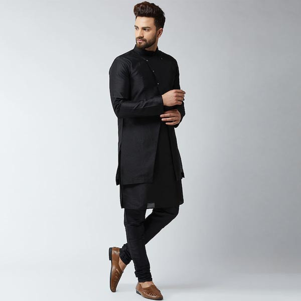 Men Black Self-Design Sherwani Set