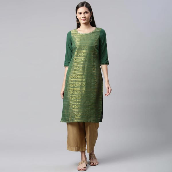 Women Green & Golden Ethnic Design Kurta