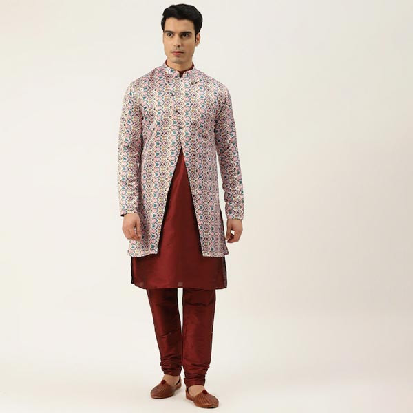 Men Maroon & Pink Printed Kurta Pyjama & Sherwani Set