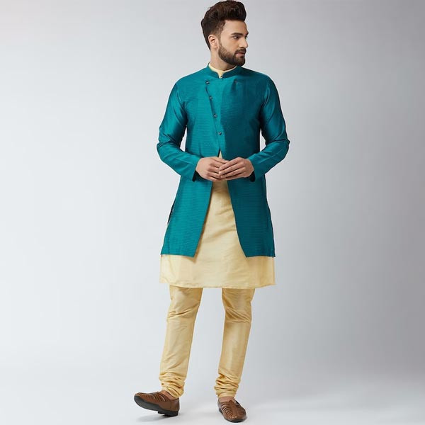 Men Gold-Toned & Peacock Blue Self Design Sherwani Set