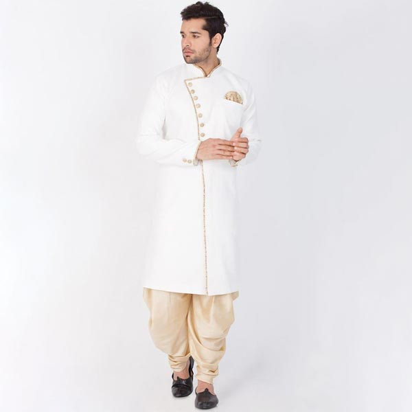 Men White & Gold-Coloured Solid Slim-Fit Sherwani Set