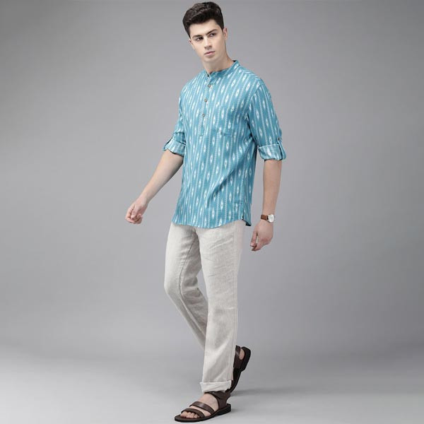 Men Turquoise Blue & White Printed Straight Kurta