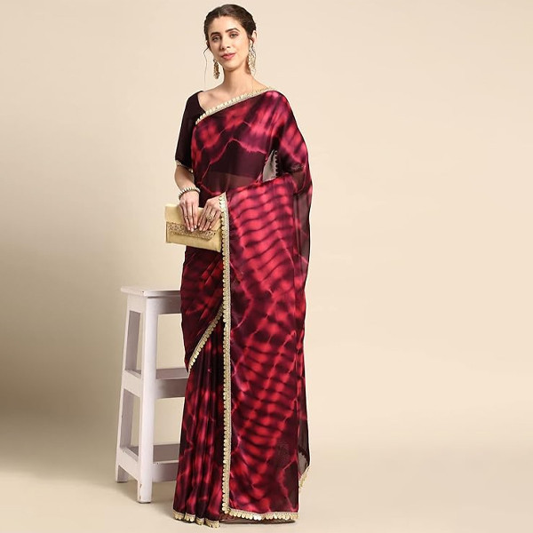 Women's Dyed Satin Silk Saree with Unstitched Blouse Piece