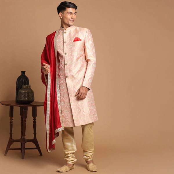 Men Pink Woven Design Brocade Sherwani