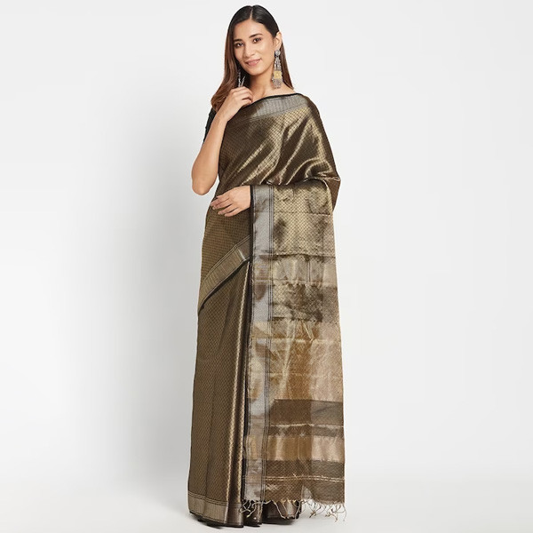 Women Black & Gold-Toned Woven Design Silk Cotton Maheshwari Saree