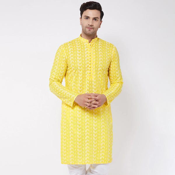 Men Yellow Geometric Thread Work Kurta